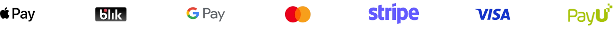 Paiements acceptés : Apple Pay, BLIK, Google Pay, Mastercard, Stripe, Visa, PayU