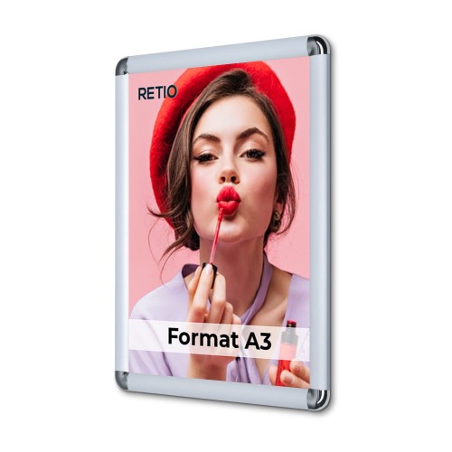 Ramka zatrzaskowa KRAST A3 (29,7 x 42,0 cm) aluminiowa srebrna z zaokrąglonym narożnikiem rama ramka plakatowa OWZ ścienna na plakat na zdjęcia profil 25 mm