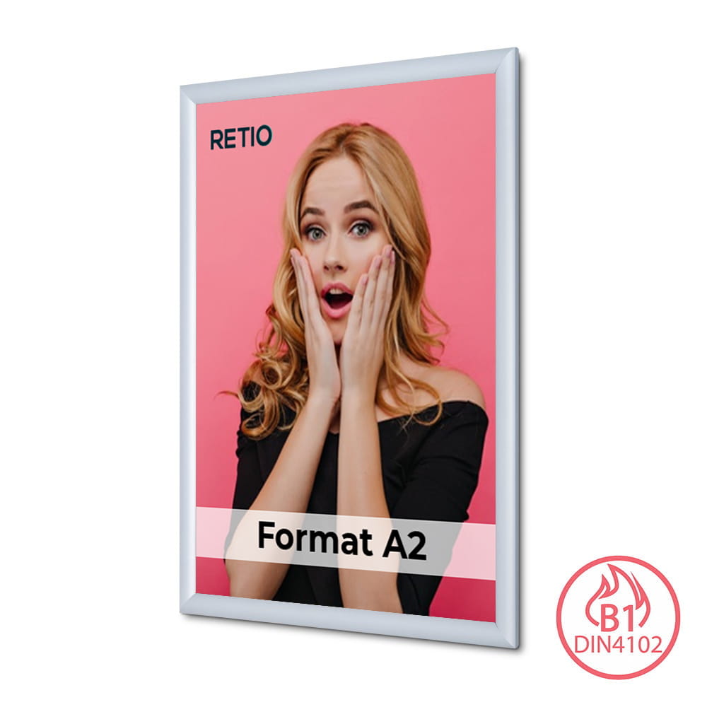 Ramka zatrzaskowa KRAST A2 (42,0 x 59,4 cm) aluminiowa srebrna z ostrym prostym narożnikiem i certyfikatem trudnopalności rama ramka plakatowa OWZ ścienna na plakat na zdjęcia profil 25 mm