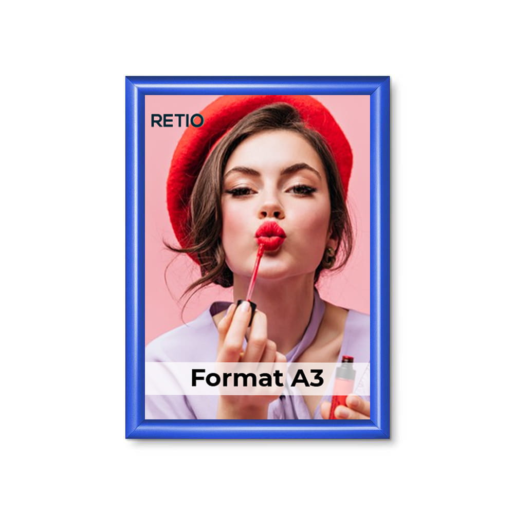 Ramka zatrzaskowa KRAST A3 (29,7 x 42,0 cm) aluminiowa niebieska z ostrym prostym narożnikiem rama ramka plakatowa OWZ ścienna na plakat na zdjęcia profil 25 mm