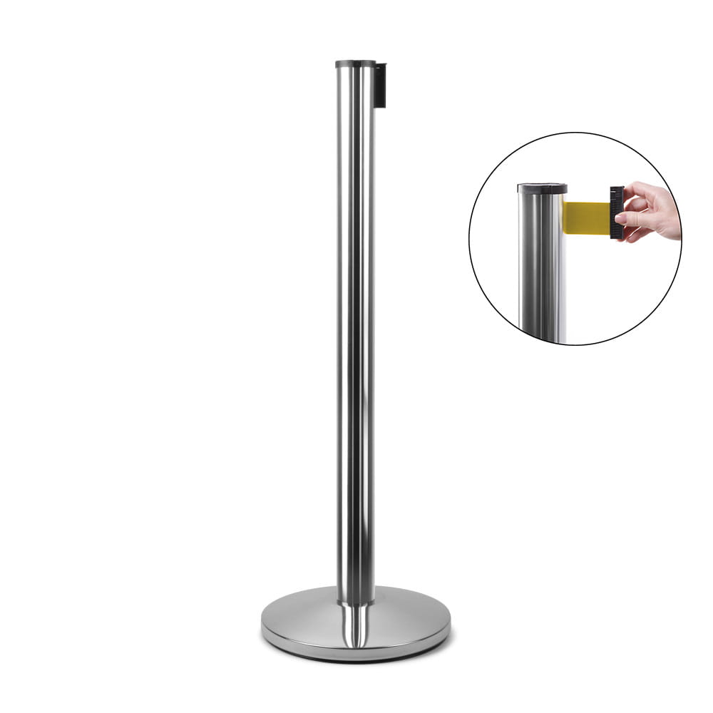 J-EXTBE Barrier Post with a Yellow Winding Tape 270 cm - Chrome Post With a Yellow Tape - A Barrier Post, a Post With a Rounded Tape For the Hotel, Restaurant and VIP Area