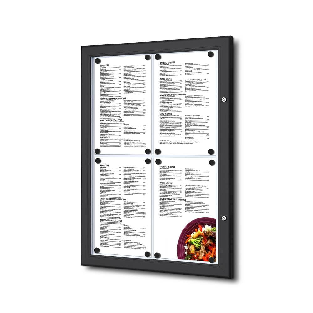 Gablota na menu 4xA4 43x31 cm - zamykana na kluczyk z oświetleniem LED do użytku wewnętrznego gablota wewnętrzna gablota ogłoszeniowa gablota informacyjna tablica ogłoszeń tablica informacyjna tablica na menu