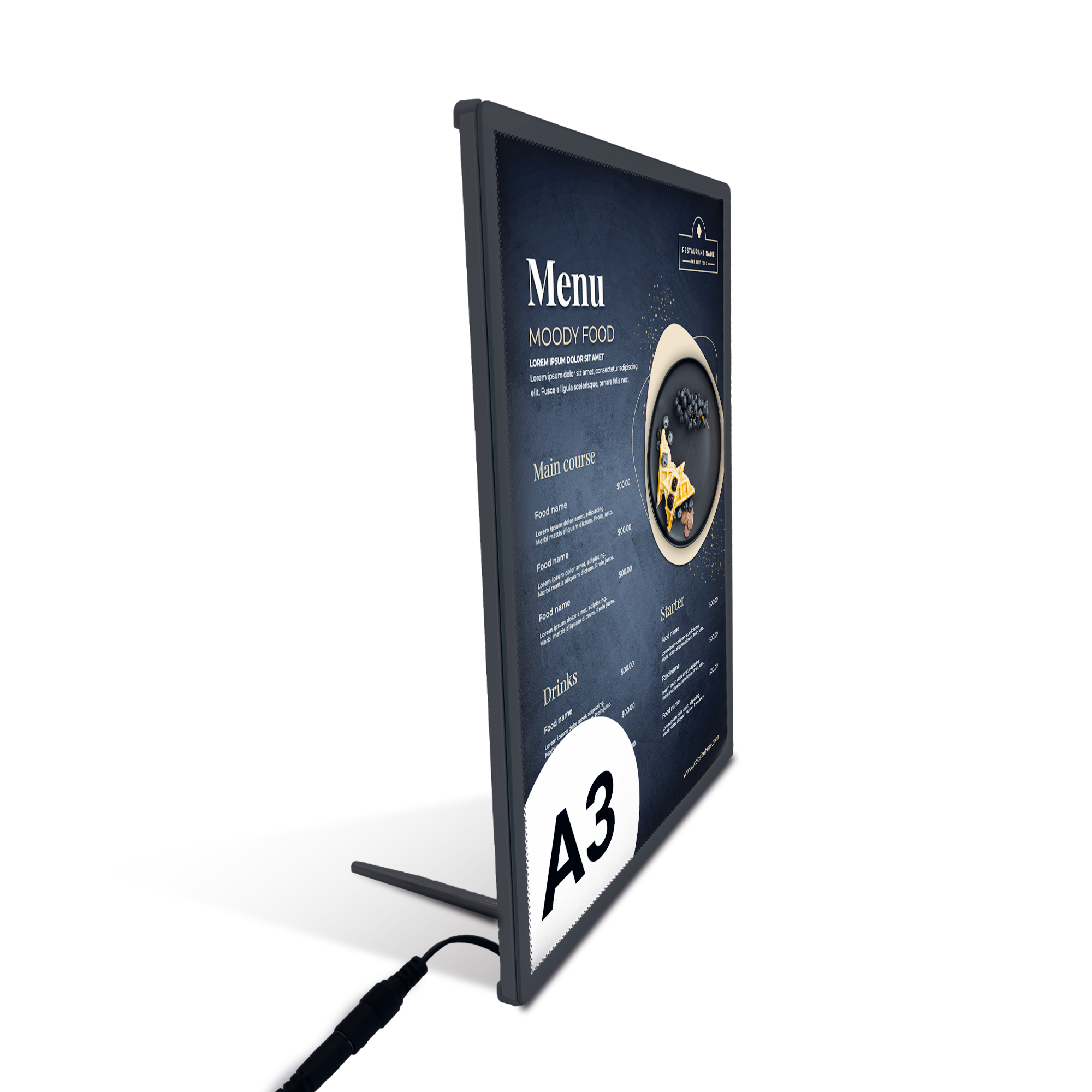 Ramka LED podświetlana SUN A3 czarna na biurko (29,7 x 42,0 cm) rama na plakat zdjęcia obraz podświetlana rama plakatowa orientacja pionowa z boku