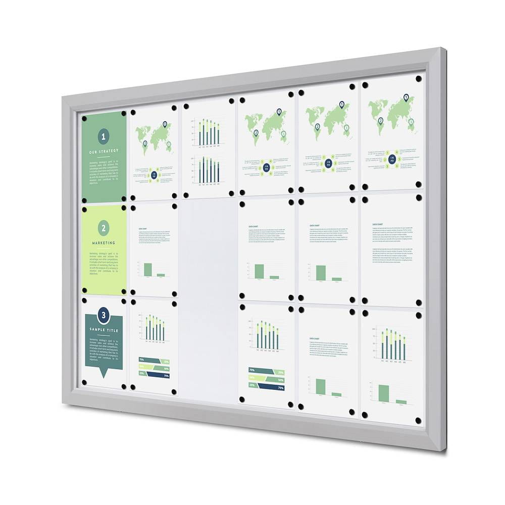 Gablota magnetyczna SLM 18xA4 130x91 cm z certyfikatem trudnopalności B1 zamykana na kluczyk do użytku zewnętrznego gablota zewnętrzna gablota ogłoszeniowa gablota informacyjna tablica ogłoszeń tablica informacyjna ogniotrwała srebrny