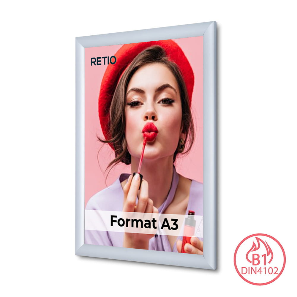 Ramka zatrzaskowa KRAST A3 (29,7 x 42,0 cm) aluminiowa srebrna z ostrym prostym narożnikiem i certyfikatem trudnopalności rama ramka plakatowa OWZ ścienna na plakat na zdjęcia profil 25 mm