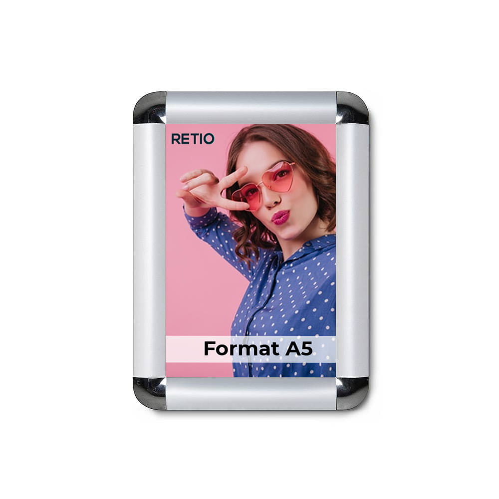 Ramka zatrzaskowa KRAST A5 (14,8 x 21,0 cm) profil 25 mm z zaokrąglonym narożnikiem aluminiowa srebrna rama ramka plakatowa OWZ ścienna na plakat na zdjęcia