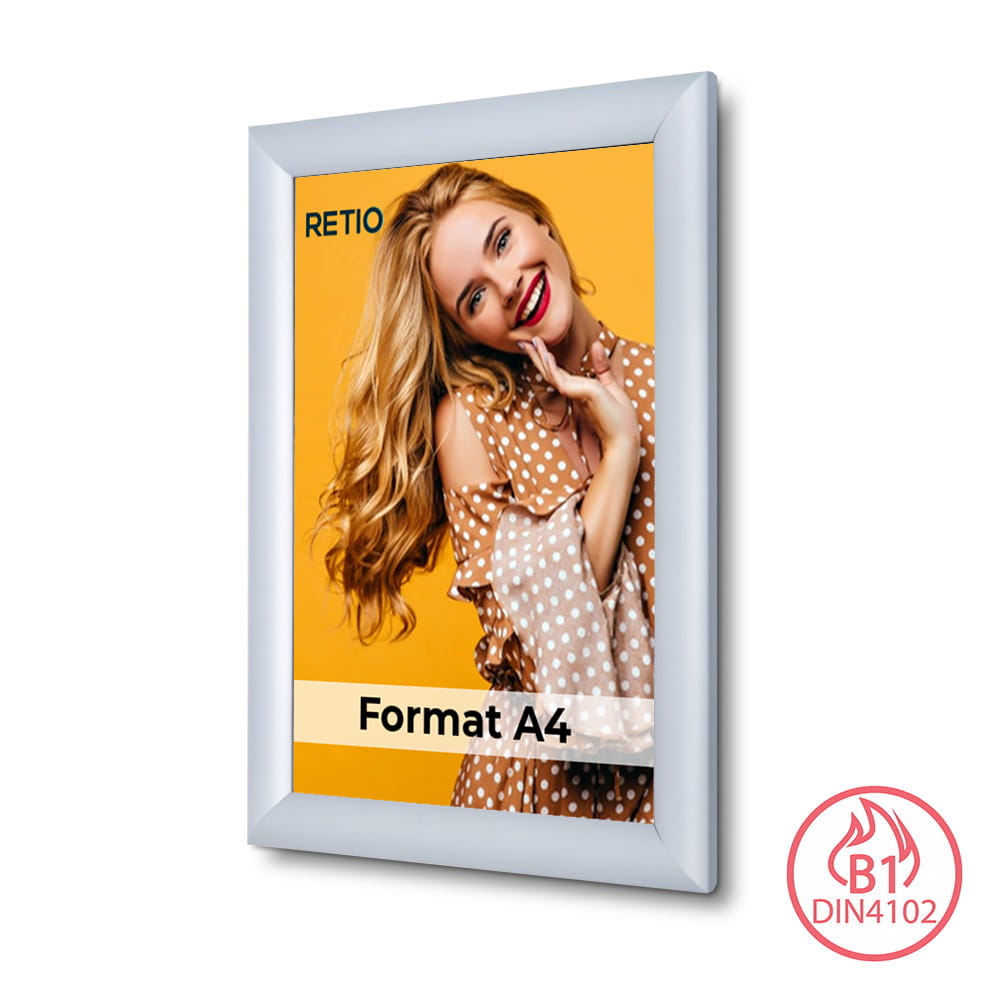Ramka zatrzaskowa KRAST A4 (21,0 x 29,7 cm) aluminiowa srebrna z ostrym prostym narożnikiem i certyfikatem trudnopalności rama ramka plakatowa OWZ ścienna na plakat na zdjęcia profil 25 mm