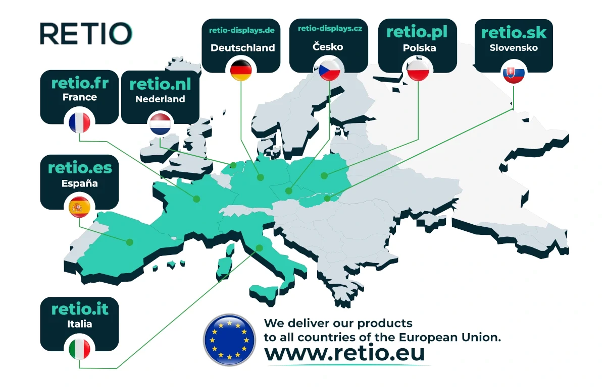 Carte des boutiques RETIO : retio.pl, retio-displays.de, retio-displays.cz, retio.sk, retio.fr, retio.es, retio.it, retio.nl et retio.eu